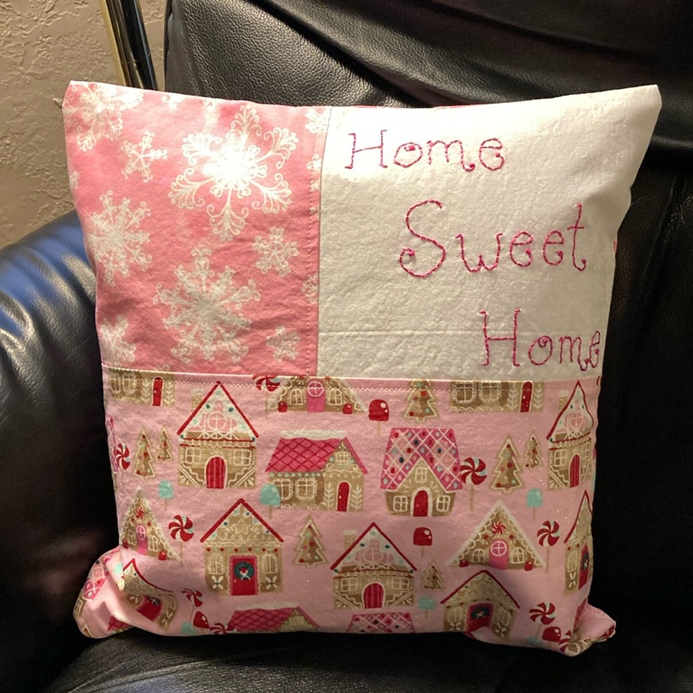 Christmas Pillow Cover Embroidered Home Sweet Home Pink Snowflake